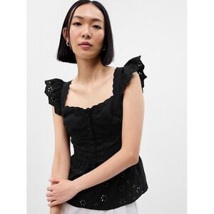 Gap Eyelet Corset Peplum Top Black Size L Sleeveless Preppy Smocked Square Neck